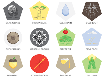 Rivaldian Sigils acorn banners bloom flat growth rings honey illustration raindrop roots sigils trees vector