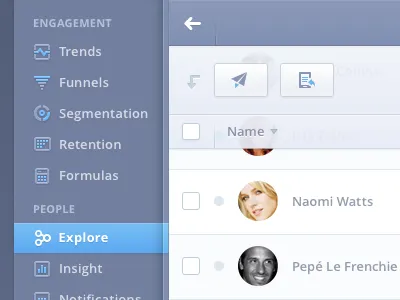 Mixpanel Product UI Design Concept app avatar blue buttons gray icons interface login product table ui web