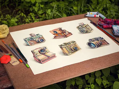 Vintage camera glass icon illustration leather lens paper retro sketch texture vintage watercolor