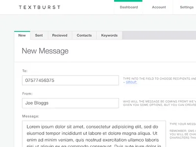 Textburst Dashboard Prototyping carl fairclough dashboard messaging product design prototype