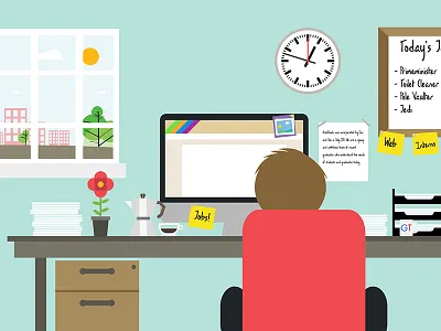 Office Scene Illustration Rebound clean desk detail flat fun illustration office scene studio vector