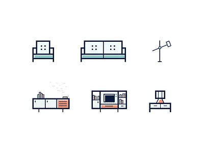 60s Furniture Icons 1960s couch flat furniture icons furniture illustration icon set illustration lamp midcentury modern simple table tv