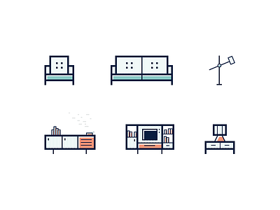 60s Furniture Icons 1960s couch flat furniture icons furniture illustration icon set illustration lamp midcentury modern simple table tv
