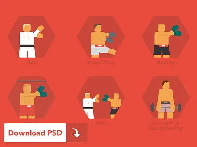 Martial Arts Icons (Free PSD) bjj boxing flat free freebie icon martial arts mms muay thay
