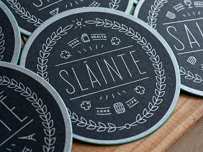 Sláinte cheers clover coaster coffee edge color gaelic good health irish metallic screenprint slainte