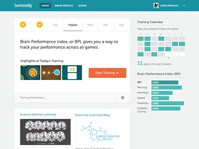 Rebranded Lumosity Dashboard app calendar dashboard flat games graphs statistics stats training ui workout