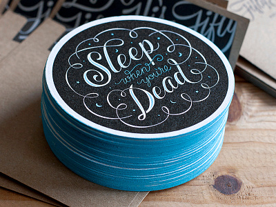 Sleep Coasters blue coaster coffee coaster edge painting paper screen print script sleep when youre dead type typography