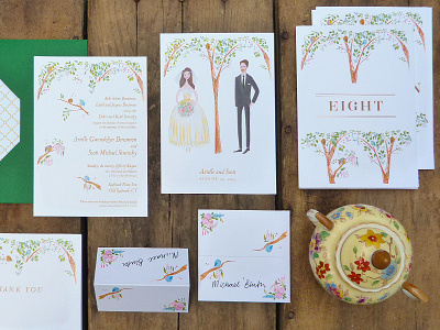 Bird's eye view green invitation rsvp stationery table numbers wedding yellow