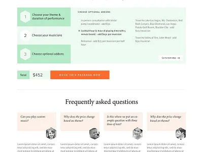 Pricing & Package page for Wedding Music Planner classical minimalist music pastel planner pretty responsive shapes simple web design website wedding