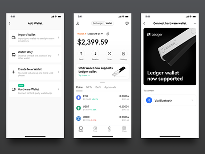 Hardware wallet homepage account add banner blockchain bluetooth connect create hardware history illustration import receive scan send ui wallet watch only
