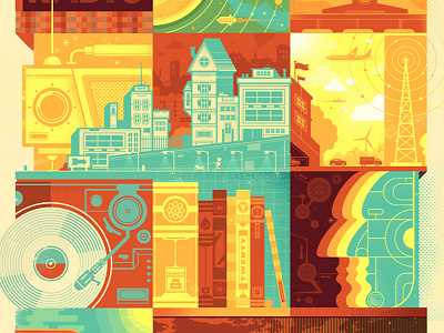 NPR 2014 Calendar (detail) calendar car face illustration map mosaic npr planet radio record player science stereo