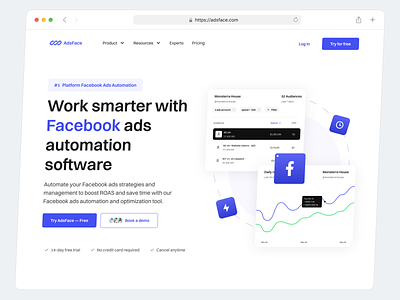 AdsFace - Automatic Scaling Facebook Hero Section accounts ads analytic audiance automation chart component facebook growth hero section impression landing page media optimization reporting saas schedule social social media web design