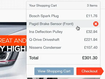 Mymotopart Website clean dropdown minimal shopping basket ui