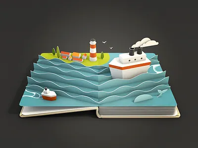 Sea 3d book icon ios paper pop up render sea ship