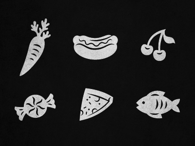 Food Pack candy carrot cherries fish food fruit hot dog icon peppermint pizza