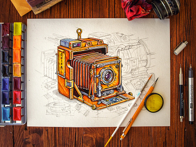 Steampunk cam camera illustration instagram lens paper pencil sketch steampunk table vintage wood