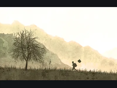 An Adventure Is Born achitype adventure boy explorer kid mountains paralax scene silhouette walking