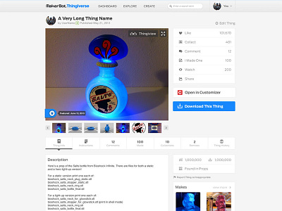 MakerBot Thingiverse: Thing Page makerbot redesign responsive thing page thingiverse web design work