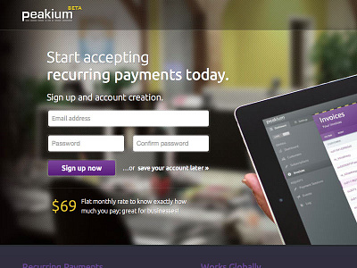 Peakium Landingpage beta form header ipad landing page mobile overlay payment purple responsive sign up