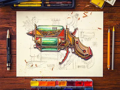 Steampunk glas gun illustration metal paper pencil pistol sketch steampunk texture vintage wood