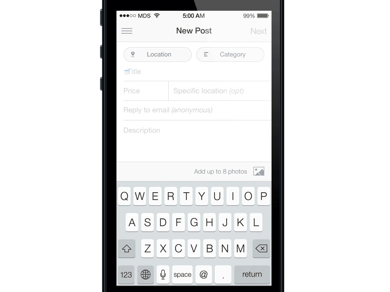 Craigslist - New Post [Animated] button flat form interface ios ios 7 iphone mobile photo ui