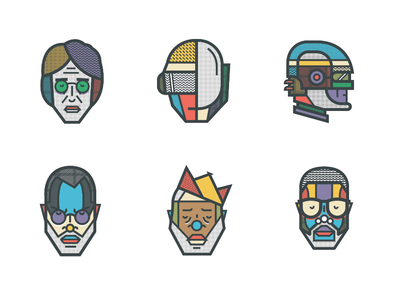 LOOK!HEROES! GIF biggy daft punk digital art flat illustrations john lennon kanye west lookheroes steve jobs texture vector illustration