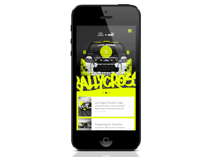 Puma Rallycross App app design fold gif ios menu puma rallycross shoes spec subaru