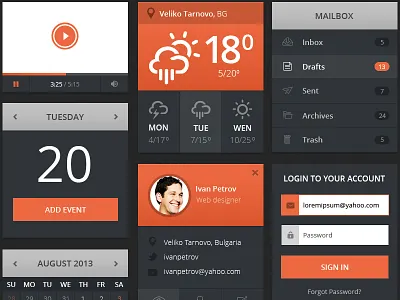 Flat Ui Set account calendar flat login mail player profile ui user weather widgets