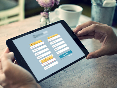 Signup screen blue flat flat button form login popup signup. sign in tablet mockup yellow