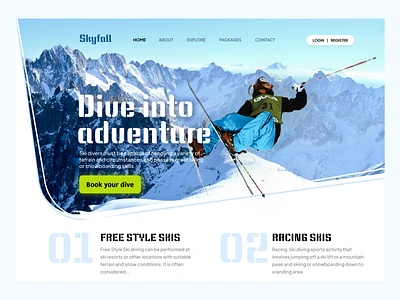 Ski diving adventure landing page concept colours design interfacedesign landingpage logo minimal mobile ski ski diving skidiving skier skiing snow sport ui user experience ux web web app white winter sport