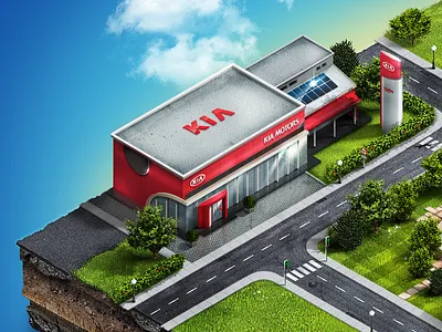 Isometric automotive building city dealership garage grass illustration isometric kia road wip world