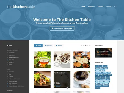 The Kitchen Table 3 column grid layout logo menu recipes tabs theme vertical website wordpress
