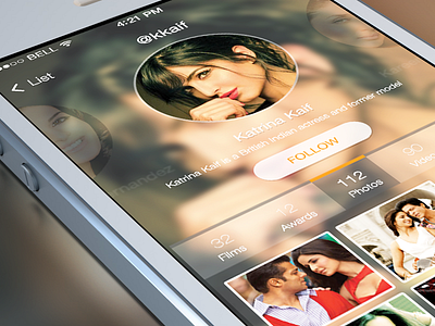 Actor Profile - iOS7 avatar follow ios7 katrina kaif nashatwork profile swipe ui ux