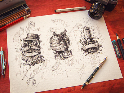 Steampunk logos camera icon illustration logo logotype metal paper pencil portfolio sketch steampunk wood