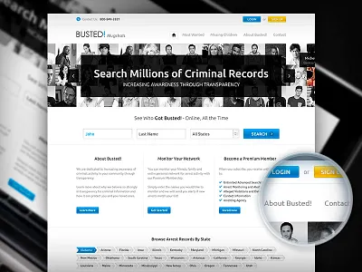 Busted! — Home Page blue busted button drop down lupe menu newspaper search tags ui website yellow