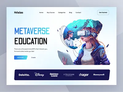 Metaverse Education Website UI UX Design 3d class crypto education features header illustration landingpage learning logo metaverse online saas space ui ux virtual reality vr web3 website