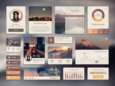Ui Kit Rainy Season brown calendar flat graph music player profile rain season subscribe ui kit user interface weather web design