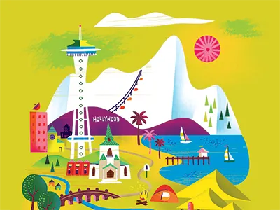 Road Tripping beach camping directory feature illustration mountains road trip seattle space needle trees uppercase work life