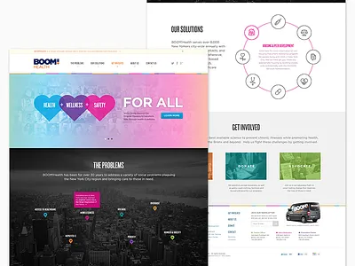 BOOM!Health Website colorful header health heart icons landing map marker website