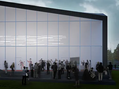 PAREDES MUNICIPAL AUDITORIUM 3d 3dvisualization architect architecture auditorium exterior paredes people pixelfactory render spaceworkers vray