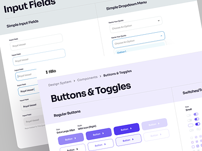 Design System - Buttons & Input Fields agency auto layout button button style component library components design design system designsystem dropdown filllo hover input fields interface navigation style guide switch ui kit uiux ux