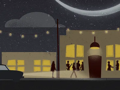 A pleasant evening (work in progress pt. 2) building clouds evening illustration light night photoshop silhouettes string lights texture windows