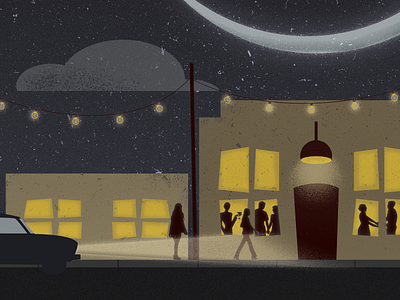 A pleasant evening (work in progress pt. 2) building clouds evening illustration light night photoshop silhouettes string lights texture windows