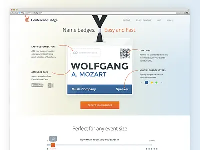 New homepage for ConferenceBadge.com badges bootstraped gradient responsive slider startup webdesign
