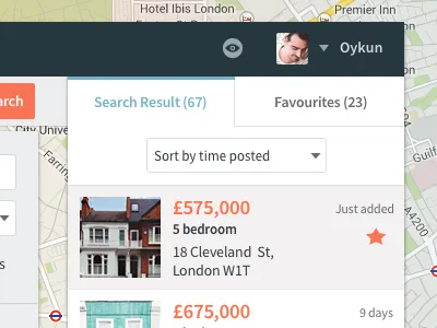 Sidebar avatar dropdown form google header map property search sidebar tab web website