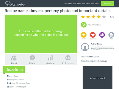 Matwebb Recipe Organization article icons page organization website wire frame