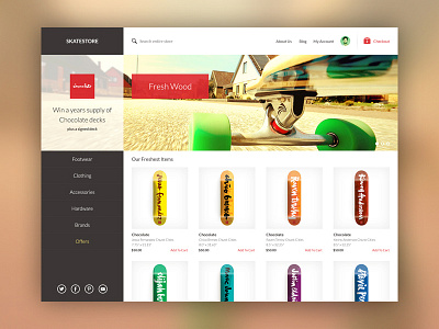 Skatestore Theme brown flat minimal red simple skate store ui user interface web website yellow