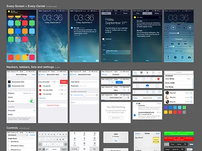 iOS 7 UI (free PSD) control center controls freebie home screen ios7 lock screen navbar notification center psd settings tabbar ui