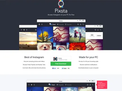 Pixsta - desktop Instagram app landing page app free grid icon instagram landing page lens pc photo pokki ui windows