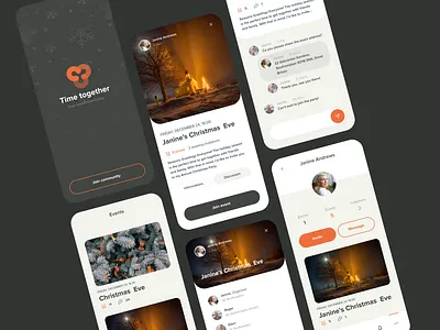 Event Christmas app - concept design app design calendar chat christmas christmas eve description details view event event details event listing event profile event schedule invitations meetings message minimalistic mobile app profile splash screen user profile